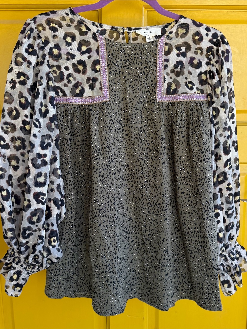 entro Olive & Cream Mixed Animal-Print Blouse with Lilac Trim